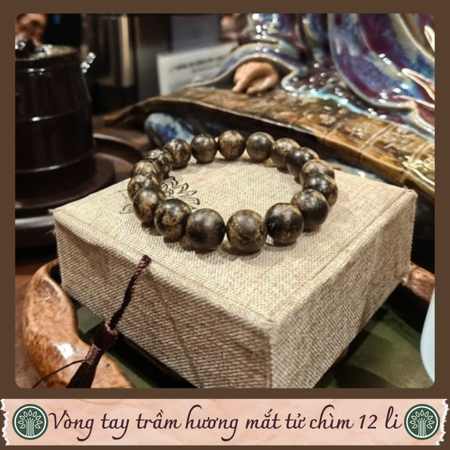 Vòng Tay Trầm Hương Mắt Tử Chìm Thơm Sống, Ngọt Dịu, Dáng Tròn Trơn 12 Li, Xuất Xứ Quảng Nam
